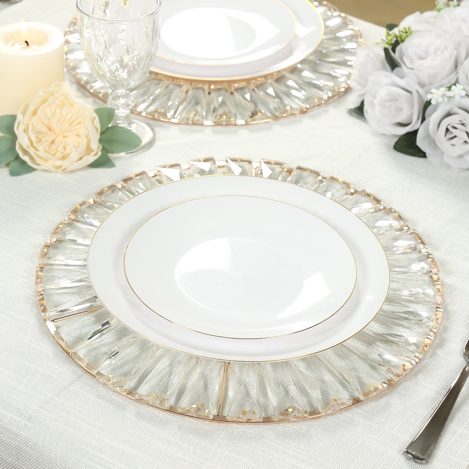 2 Pack 14" Crystal Pendant Metal Charger Plates â€“ Gold Mirror Glass Decorative Round Table Chargers - Bell Racket Store