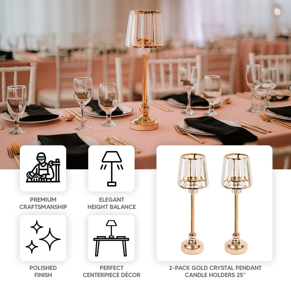 2 - Pack 15" Crystal Pendant Candle Holders - Classic Empire Lamp Shade Style in Gold, Votive Candle Stand For Table Centerpieces - Bell Racket Store