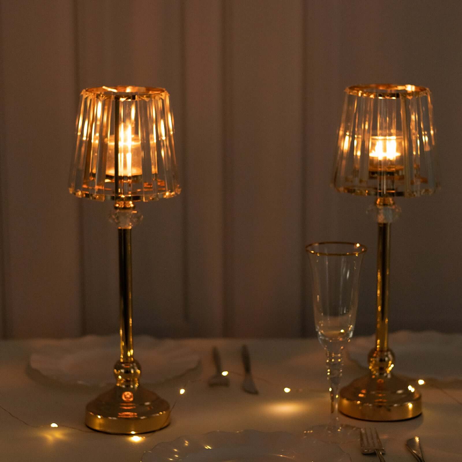 2 - Pack 15" Crystal Pendant Candle Holders - Classic Empire Lamp Shade Style in Gold, Votive Candle Stand For Table Centerpieces - Bell Racket Store