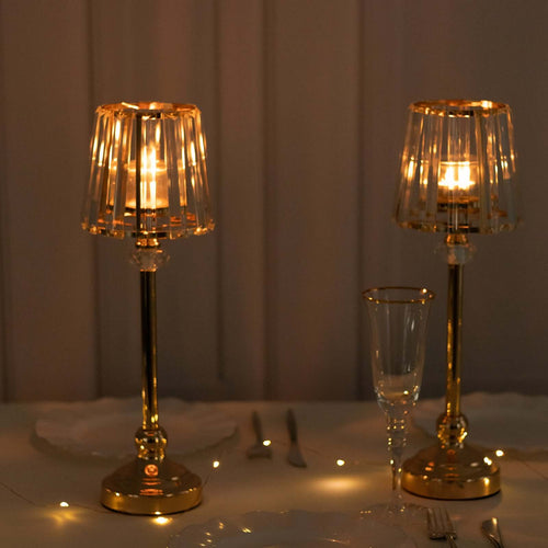2 - Pack 15" Crystal Pendant Candle Holders - Classic Empire Lamp Shade Style in Gold, Votive Candle Stand For Table Centerpieces - Bell Racket Store