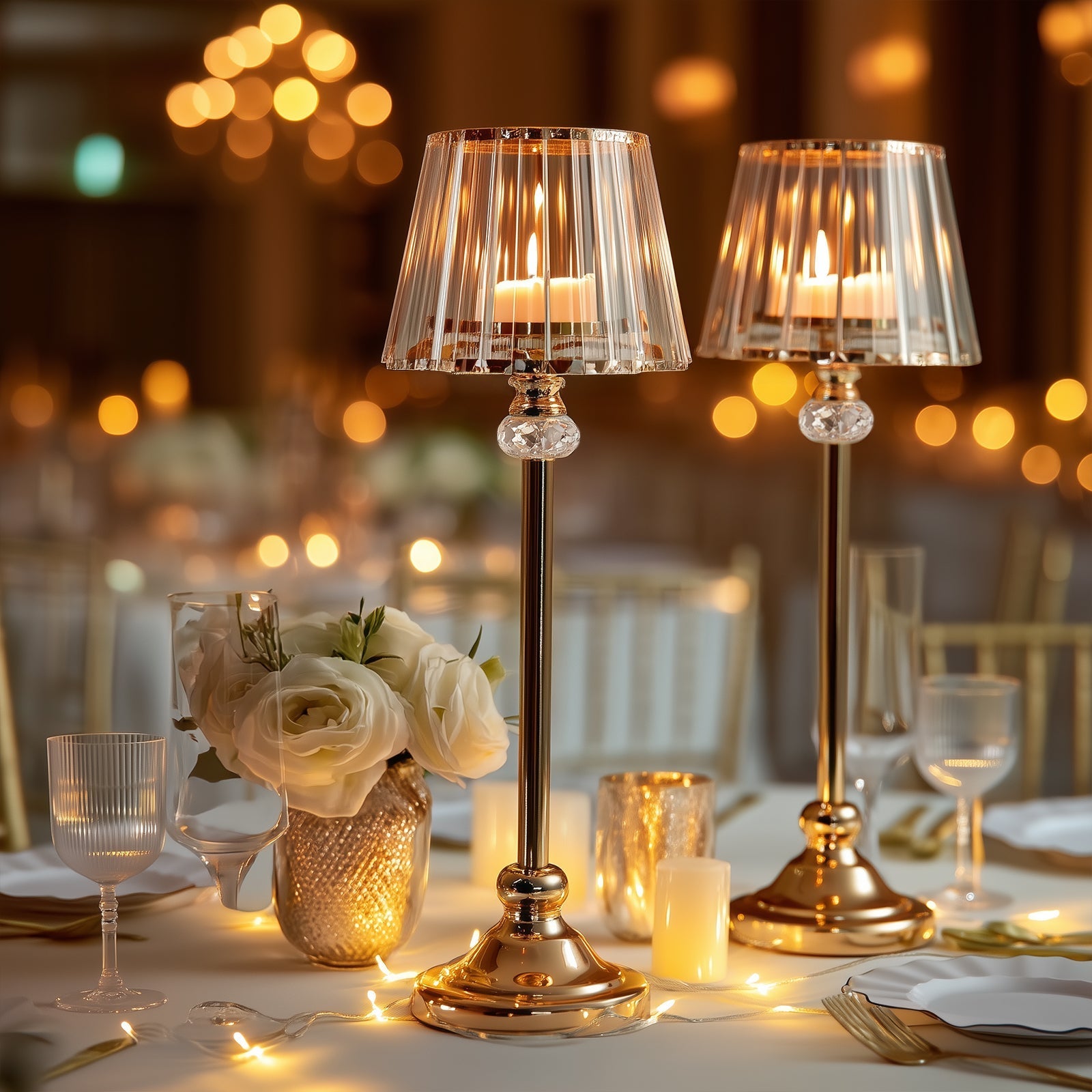 2 - Pack 25" Crystal Pendant Candle Holders, Classic Empire Lamp Shade Style in Gold, Votive Candle Stand for Table Centerpieces - Bell Racket Store