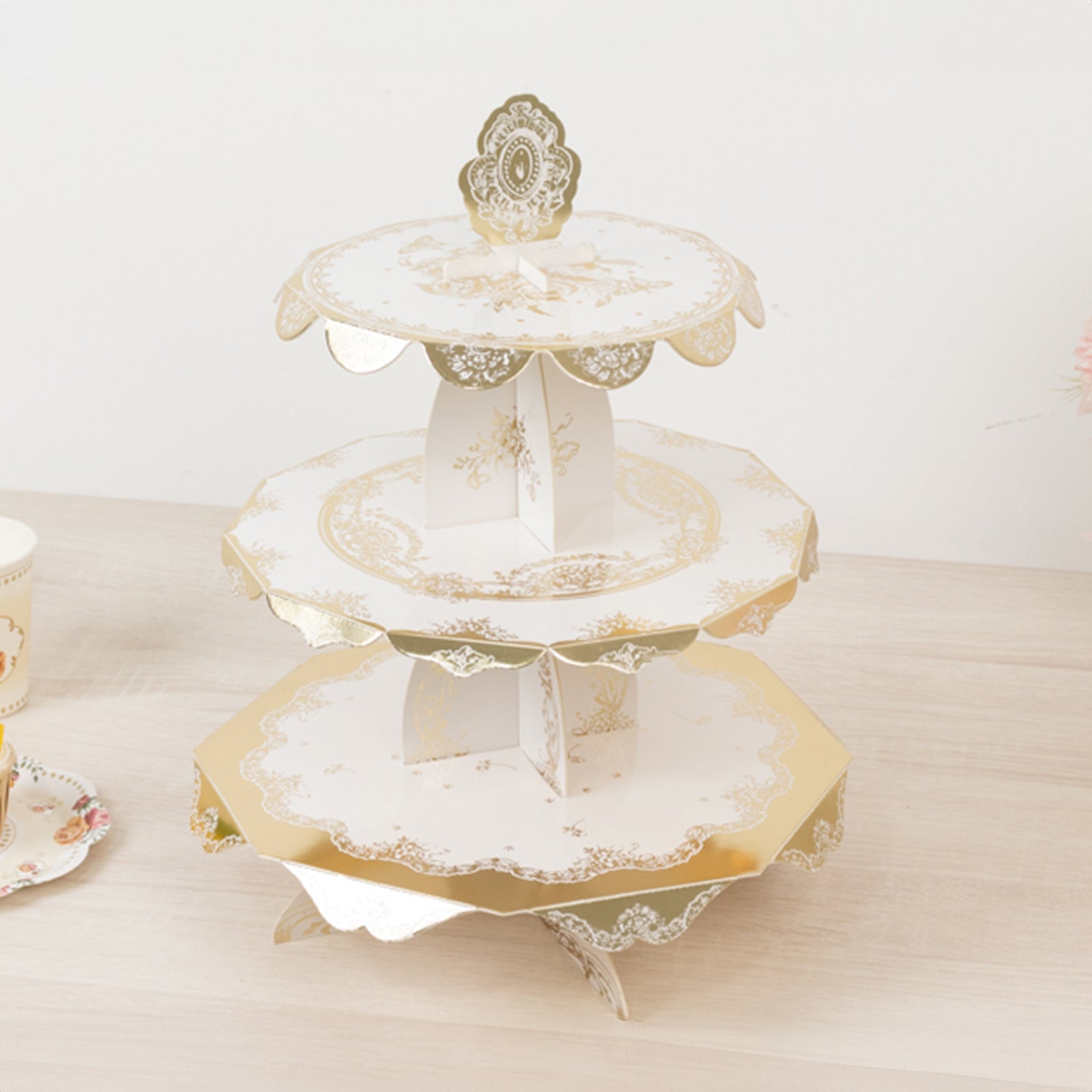 2 - Pack 3 - Tier Cupcake Display Stands with Vintage Floral Pattern, White Gold Round Cardboard Dessert Towers - 15" - Bell Racket Store