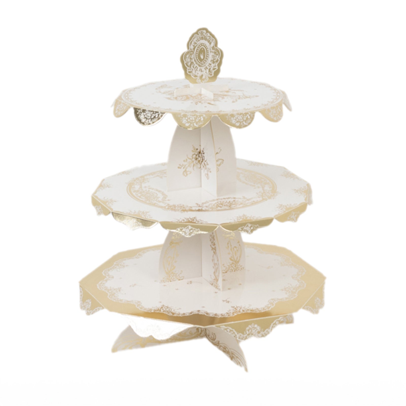 2 - Pack 3 - Tier Cupcake Display Stands with Vintage Floral Pattern, White Gold Round Cardboard Dessert Towers - 15" - Bell Racket Store