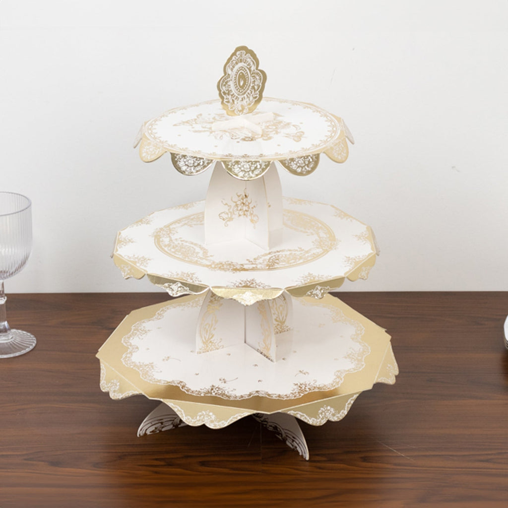 2 - Pack 3 - Tier Cupcake Display Stands with Vintage Floral Pattern, White Gold Round Cardboard Dessert Towers - 15" - Bell Racket Store