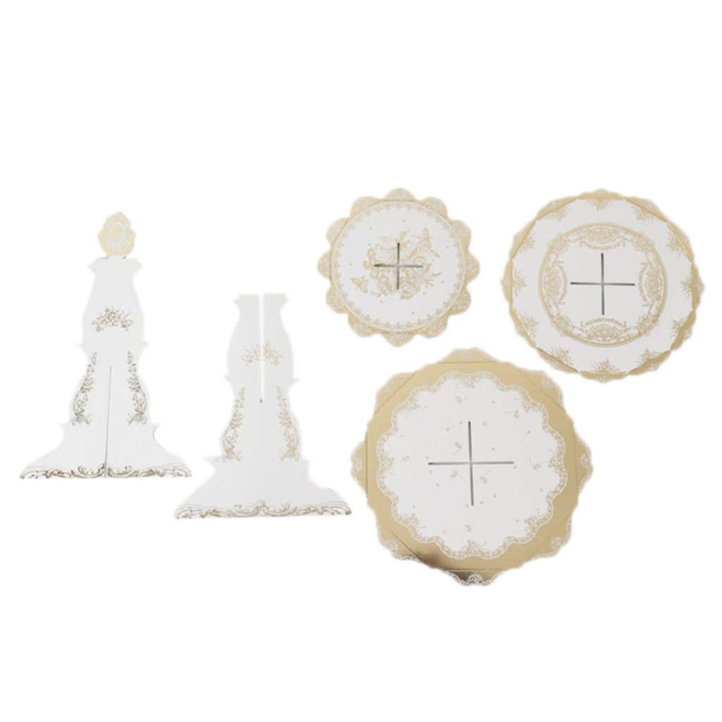 2 - Pack 3 - Tier Cupcake Display Stands with Vintage Floral Pattern, White Gold Round Cardboard Dessert Towers - 15" - Bell Racket Store