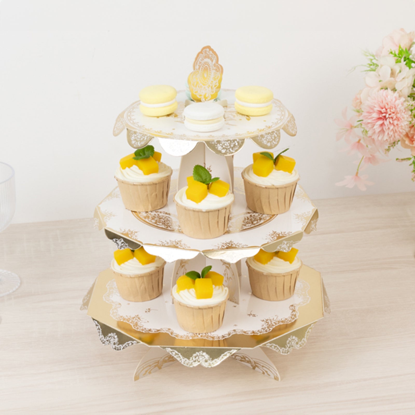 2 - Pack 3 - Tier Cupcake Display Stands with Vintage Floral Pattern, White Gold Round Cardboard Dessert Towers - 15" - Bell Racket Store
