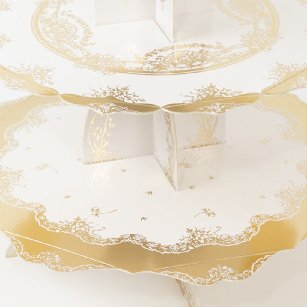 2 - Pack 3 - Tier Cupcake Display Stands with Vintage Floral Pattern, White Gold Round Cardboard Dessert Towers - 15" - Bell Racket Store