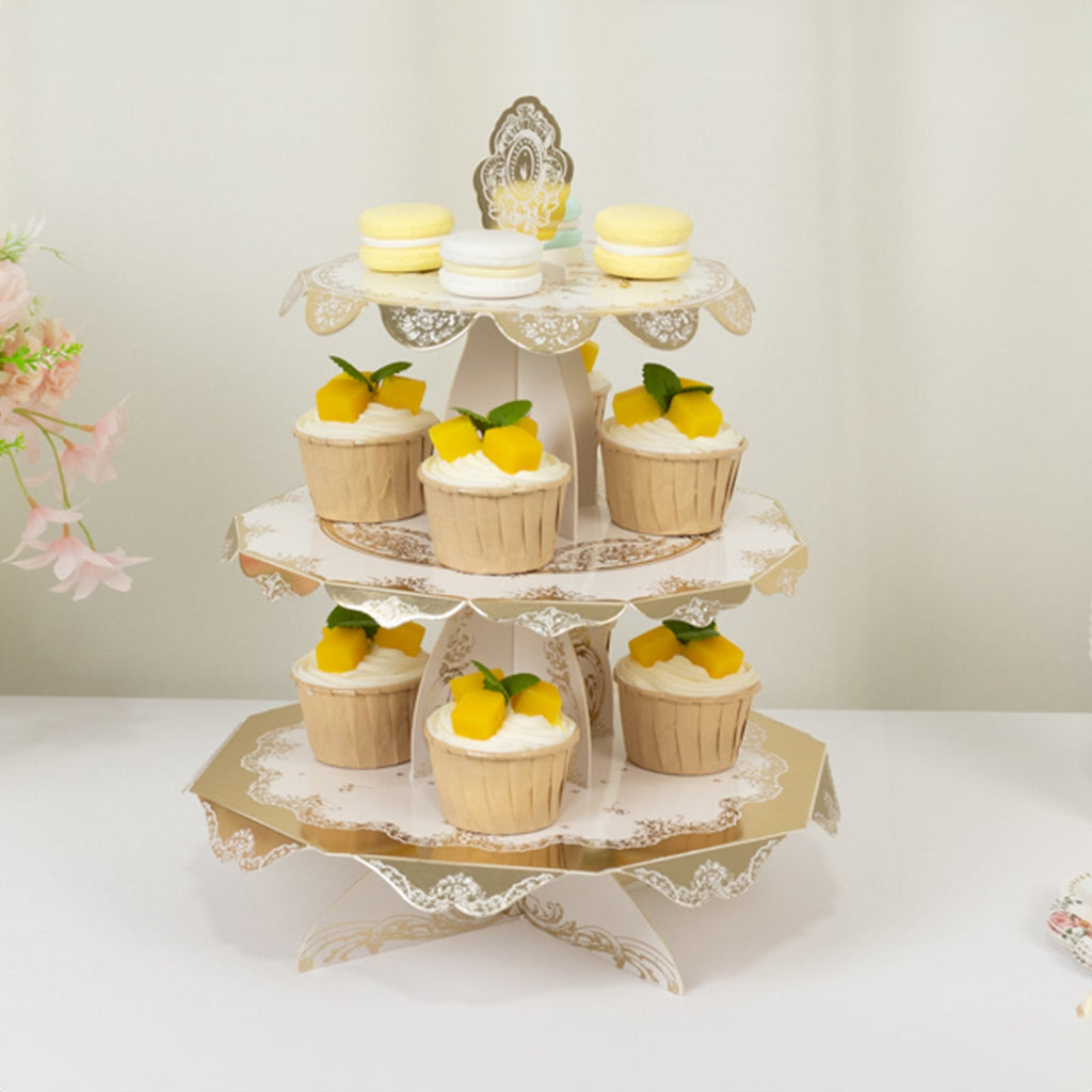 2 - Pack 3 - Tier Cupcake Display Stands with Vintage Floral Pattern, White Gold Round Cardboard Dessert Towers - 15" - Bell Racket Store