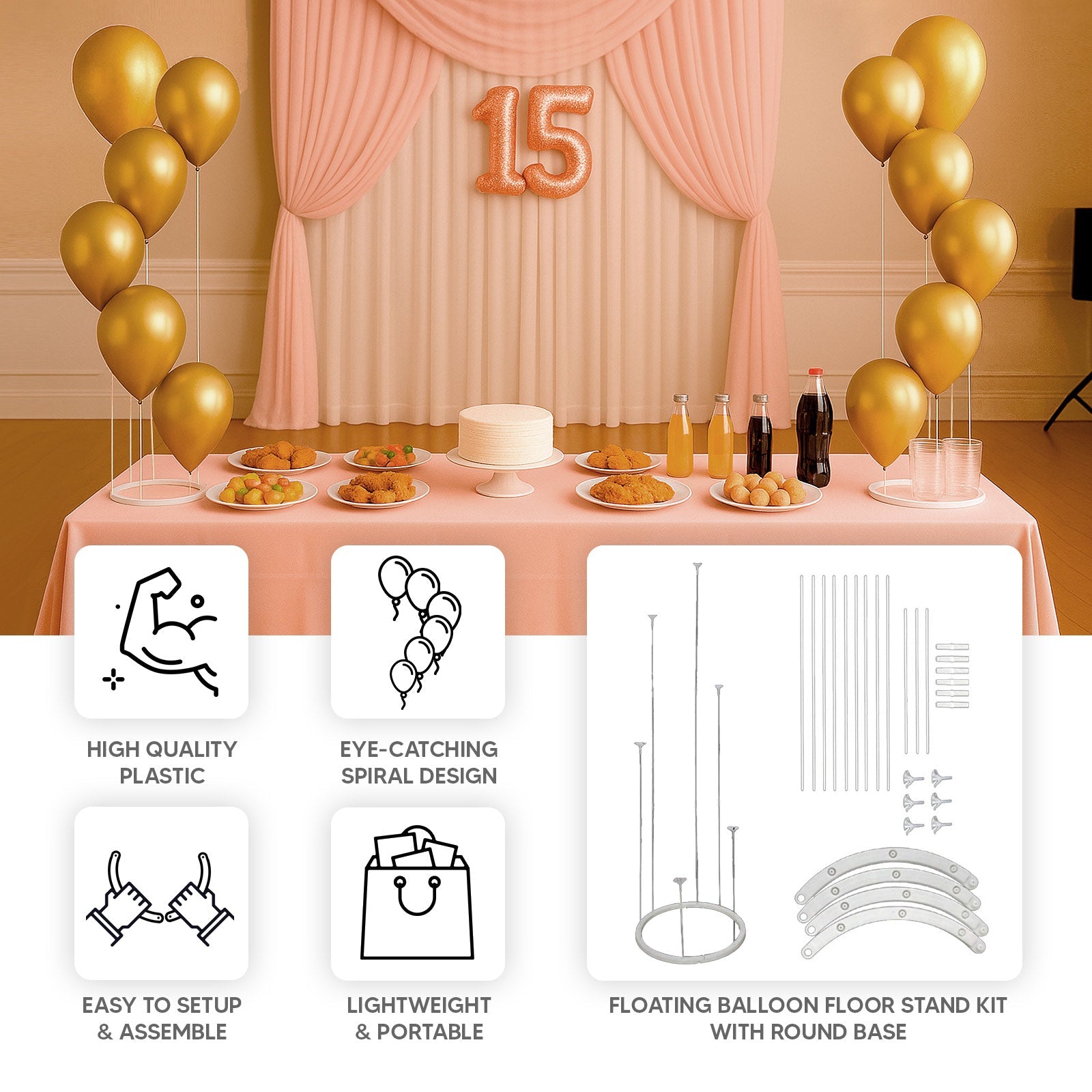 2 - Pack 3ft Floating Balloon Floor Stand Kit â€“ White Spiral Balloon Holder with Round Base for Party Decorations - Bell Racket Store