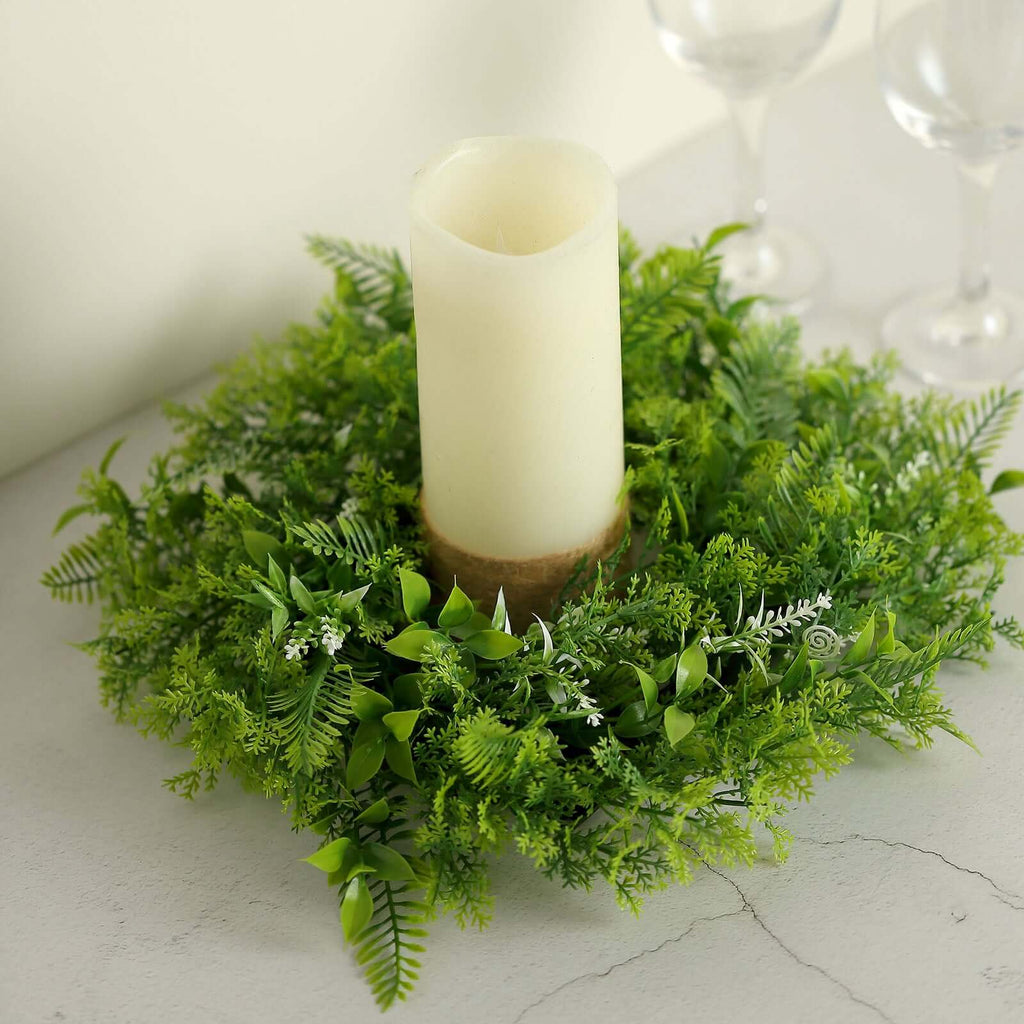 2 Pack 4" Green Artificial Fern Leaf Mix Pillar Candle Ring Wreaths