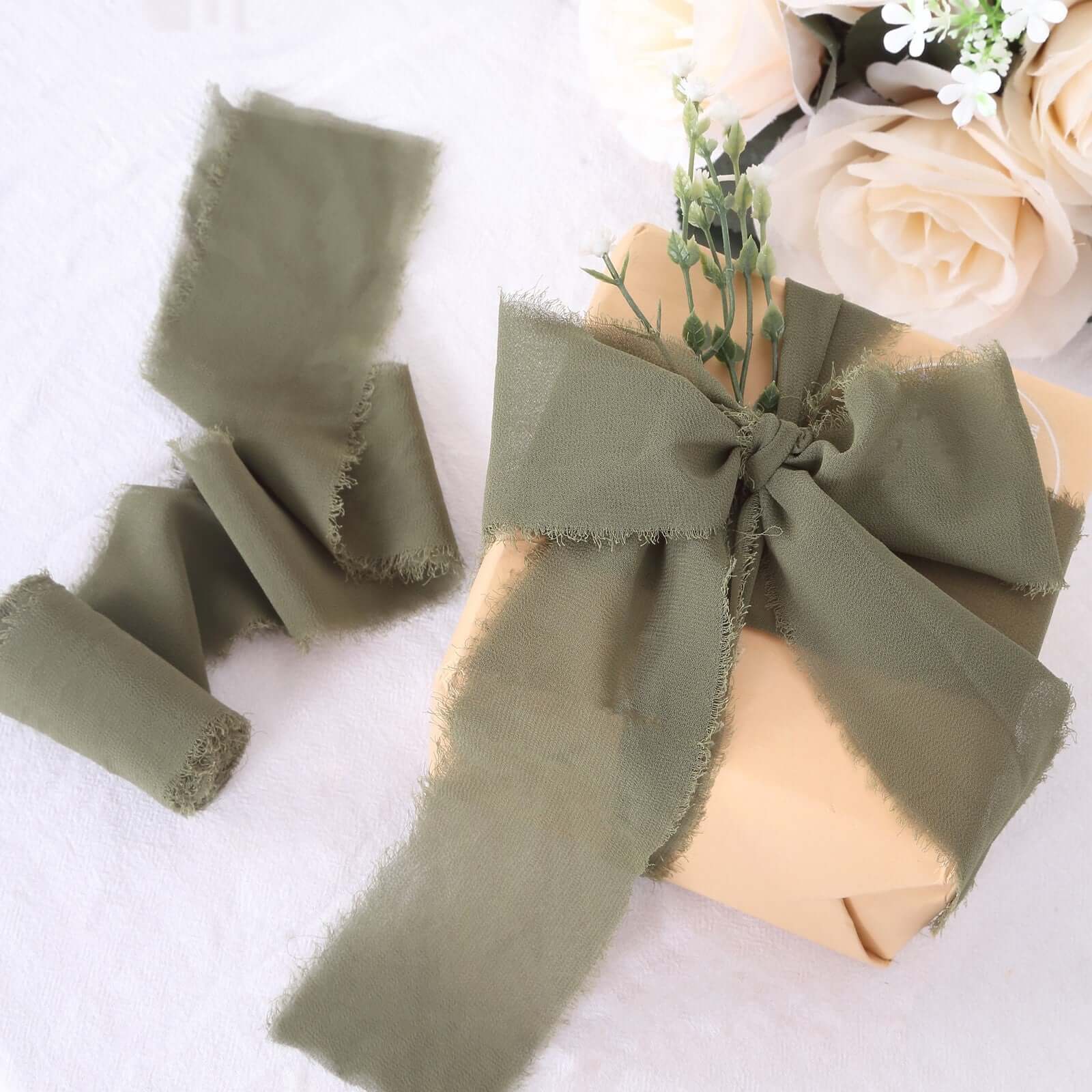 2 Pack 6yds Dusty Sage Green Silk - Like Chiffon Ribbon Roll, DIY Wedding Bouquet Linen Wrap - Bell Racket Store