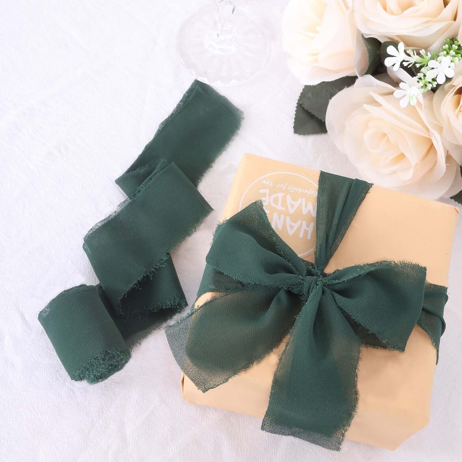 2 Pack 6yds Hunter Emerald Green Silk - Like Chiffon Ribbon Roll, DIY Wedding Bouquet Linen Wrap - Bell Racket Store