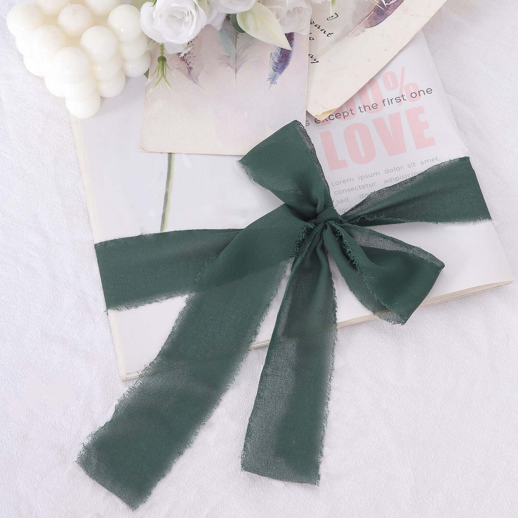 2 Pack 6yds Hunter Emerald Green Silk - Like Chiffon Ribbon Roll, DIY Wedding Bouquet Linen Wrap - Bell Racket Store