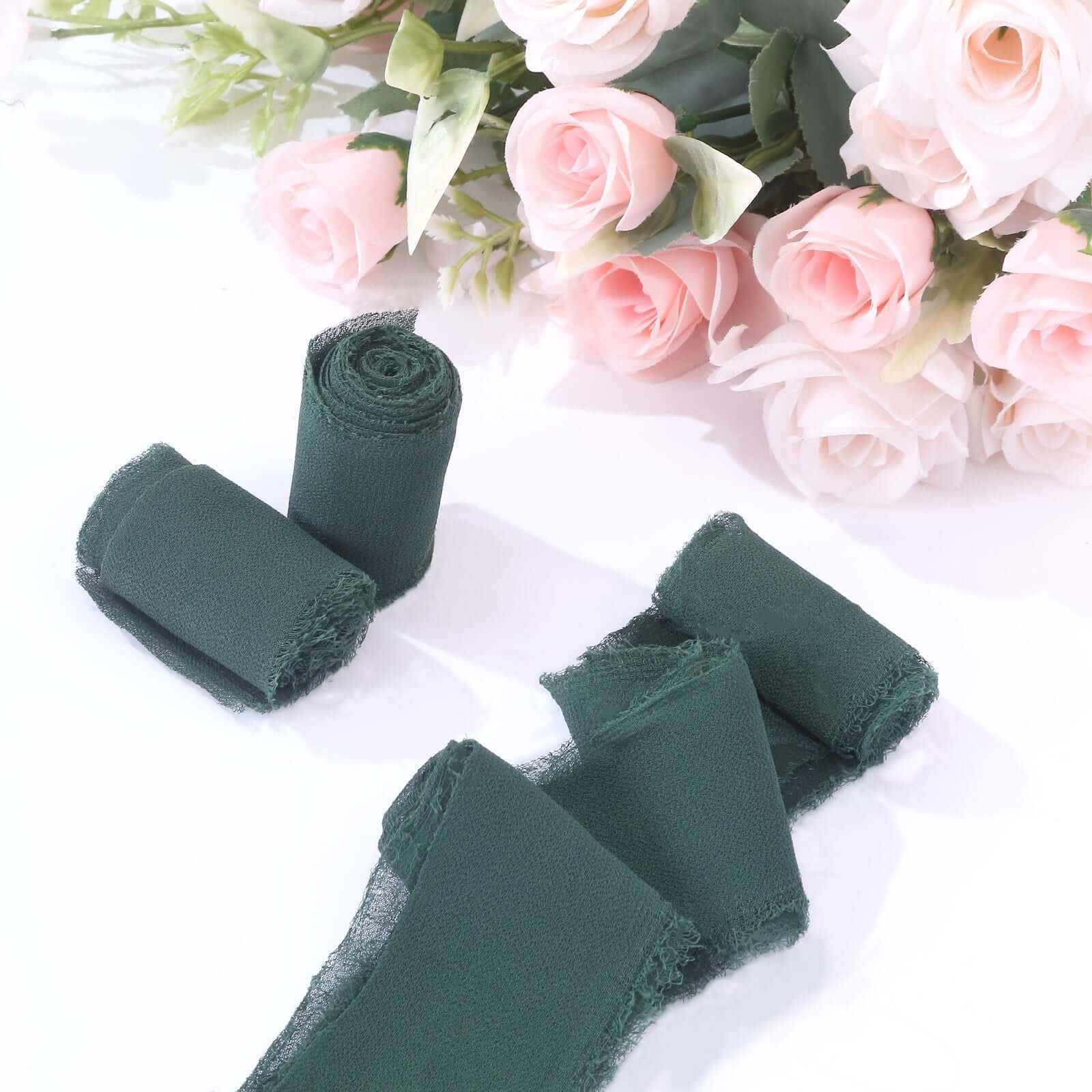 2 Pack 6yds Hunter Emerald Green Silk - Like Chiffon Ribbon Roll, DIY Wedding Bouquet Linen Wrap - Bell Racket Store