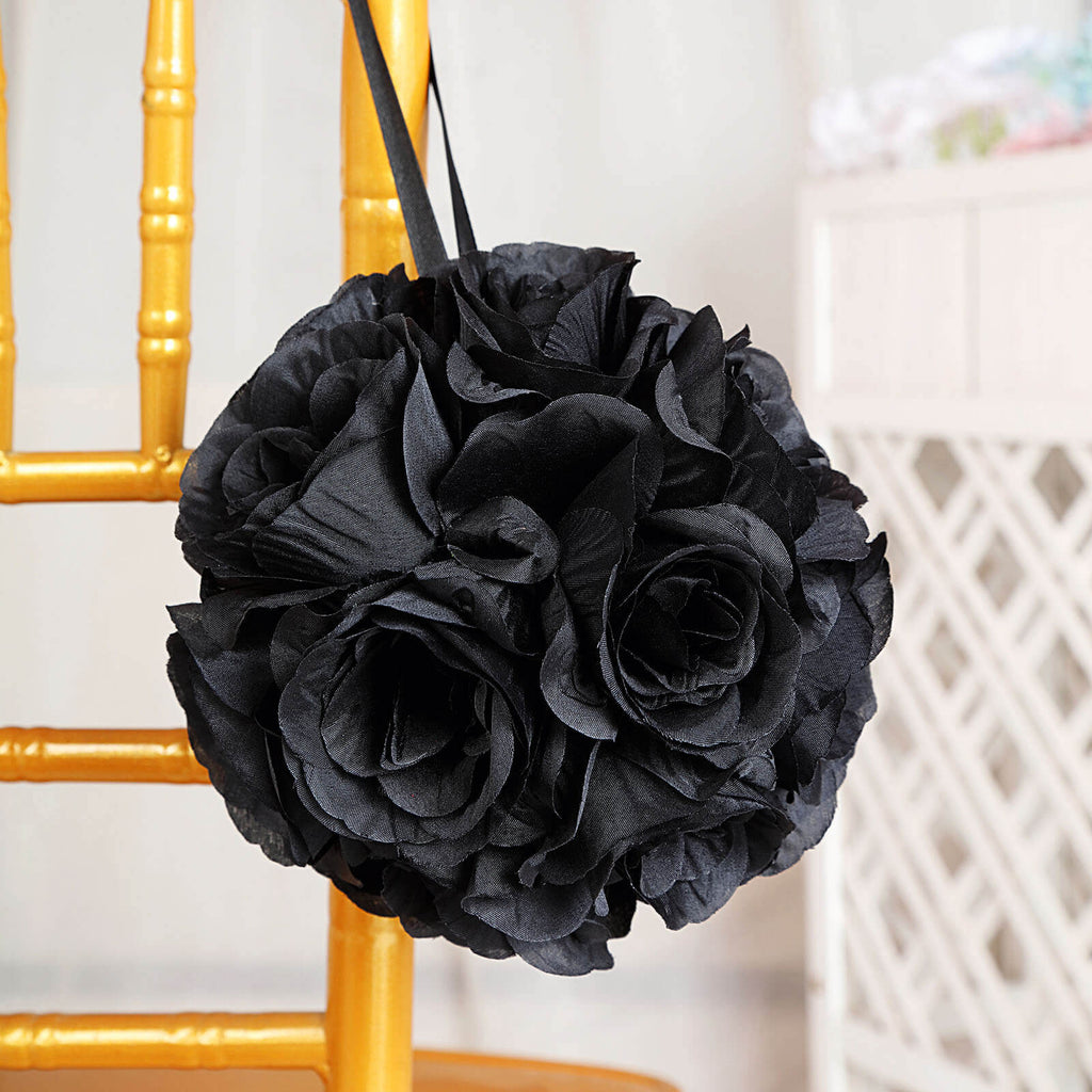 2 Pack 7" Black Artificial Silk Rose Kissing Ball, Faux Flower Ball - Bell Racket Store