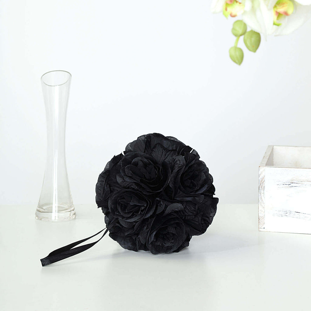 2 Pack 7" Black Artificial Silk Rose Kissing Ball, Faux Flower Ball - Bell Racket Store