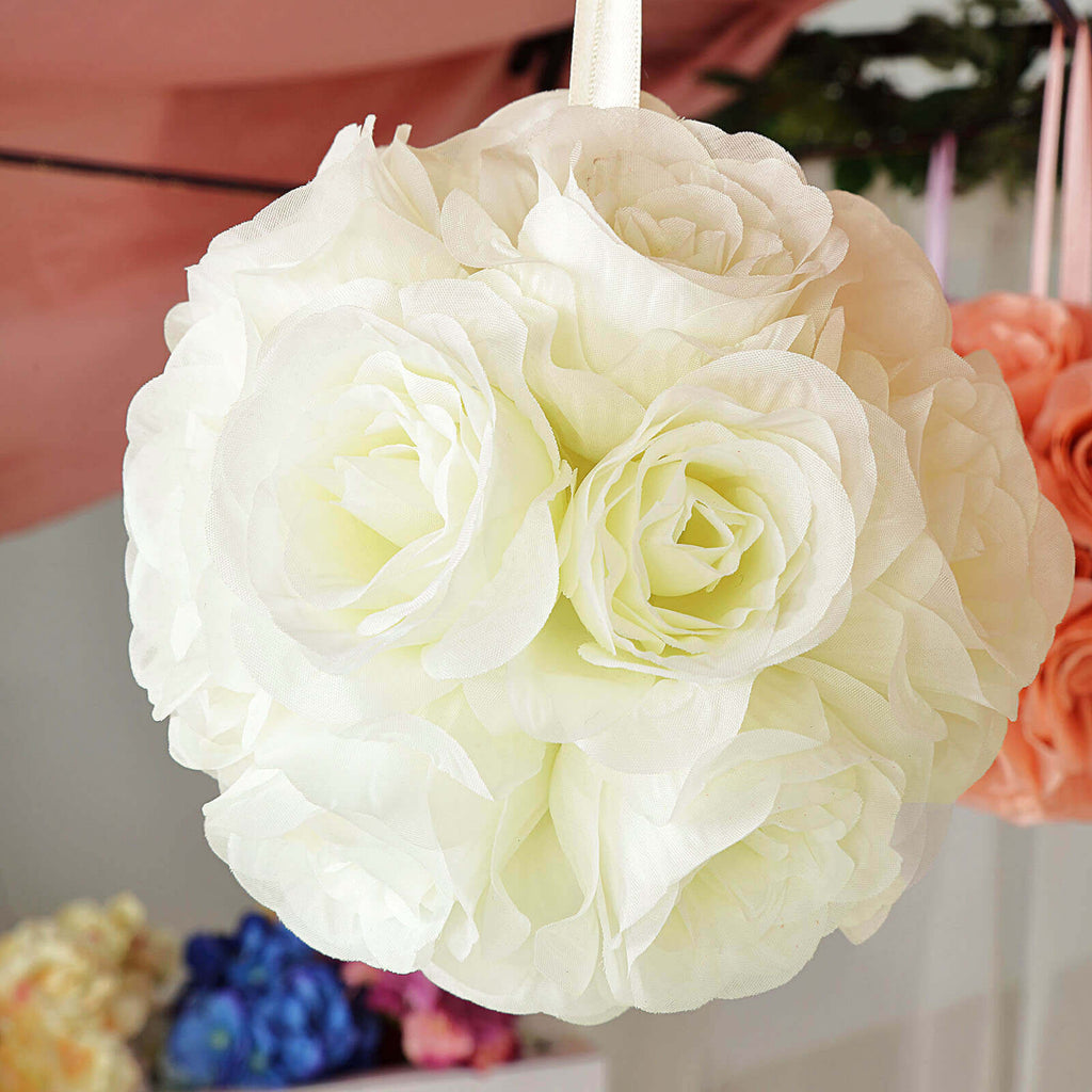 2 Pack 7" Cream Artificial Silk Rose Kissing Ball, Faux Flower Ball - Bell Racket Store