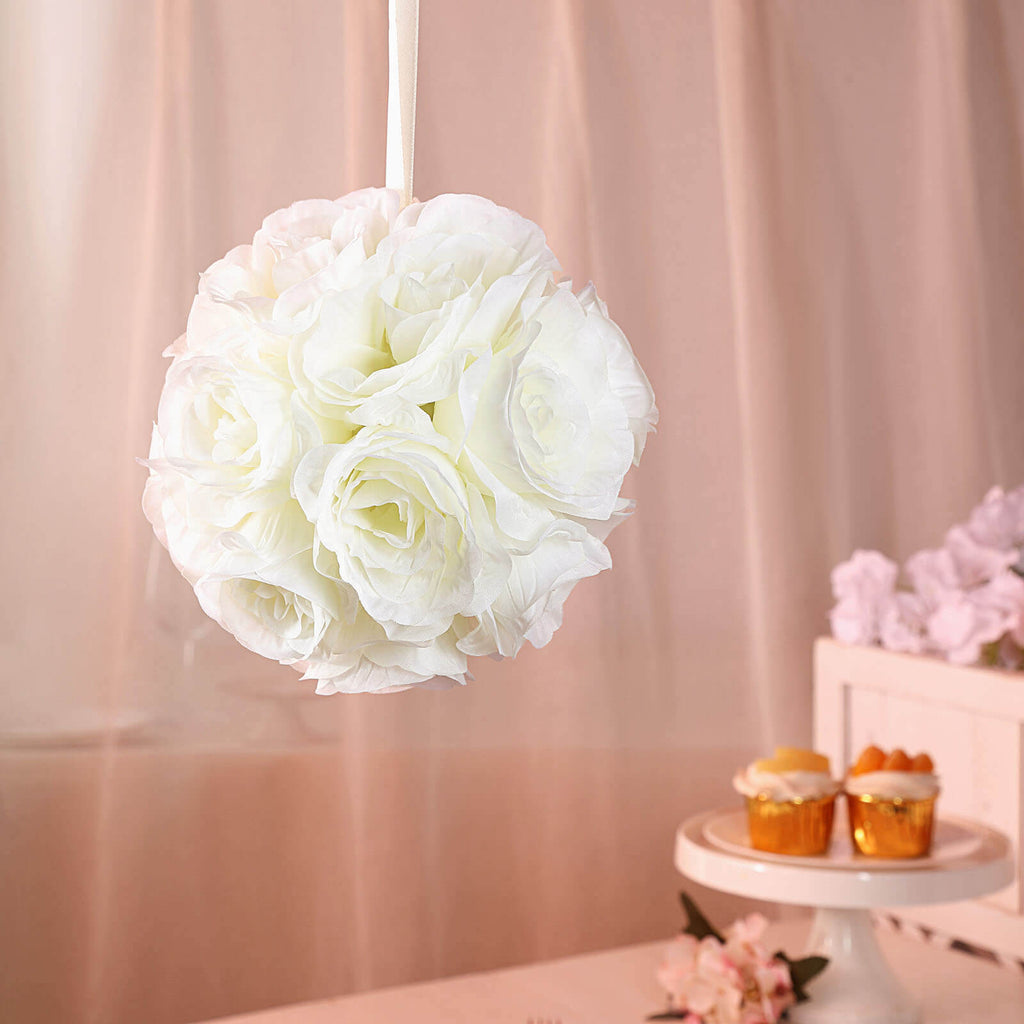 2 Pack 7" Cream Artificial Silk Rose Kissing Ball, Faux Flower Ball - Bell Racket Store