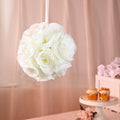 2 Pack 7" Cream Artificial Silk Rose Kissing Ball, Faux Flower Ball - Bell Racket Store
