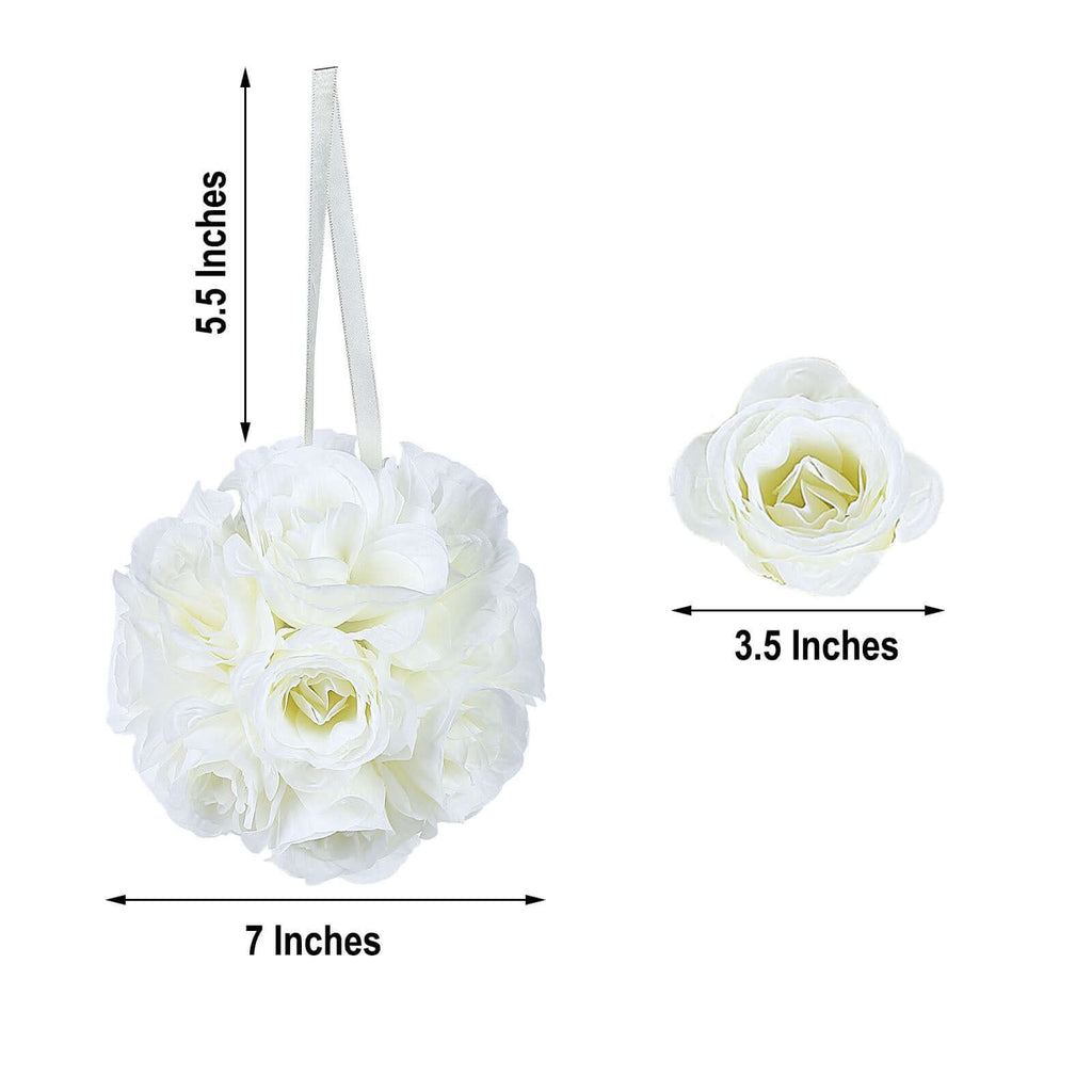 2 Pack 7" Cream Artificial Silk Rose Kissing Ball, Faux Flower Ball - Bell Racket Store