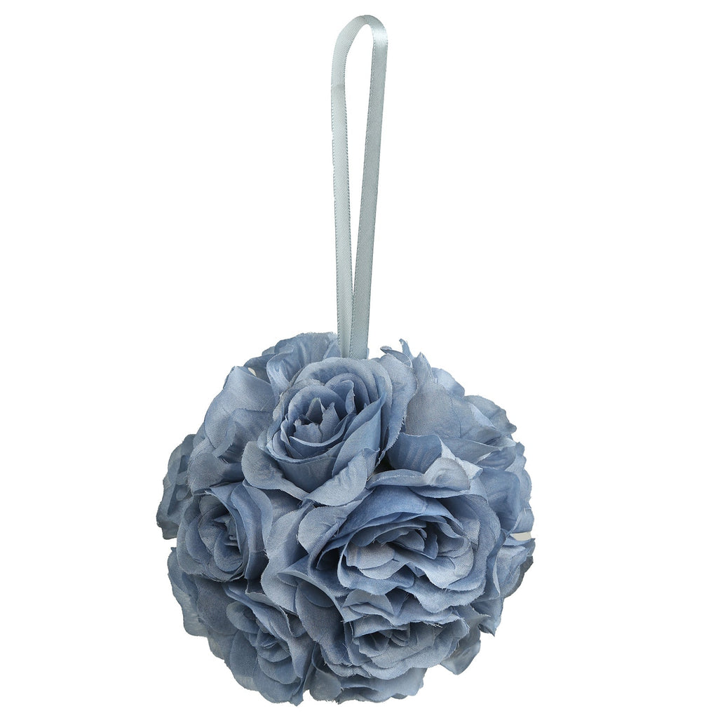 2 Pack 7" Dusty Blue Artificial Silk Rose Kissing Ball, Faux Flower Ball - Bell Racket Store