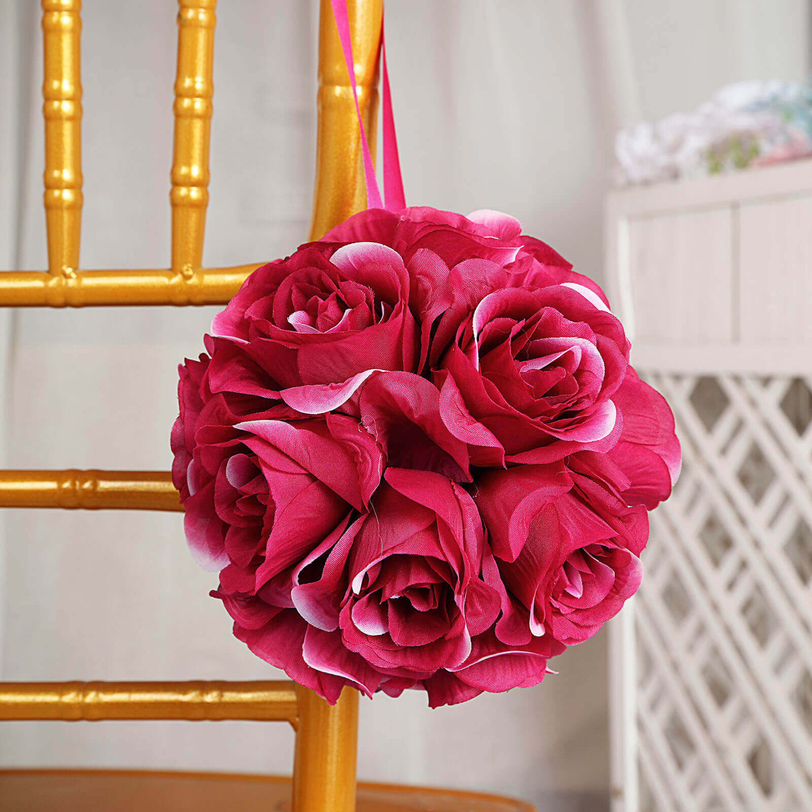 2 Pack 7" Fuchsia Artificial Silk Rose Kissing Ball, Flower Ball - Bell Racket Store