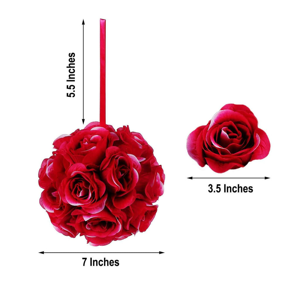 2 Pack 7" Fuchsia Artificial Silk Rose Kissing Ball, Flower Ball - Bell Racket Store