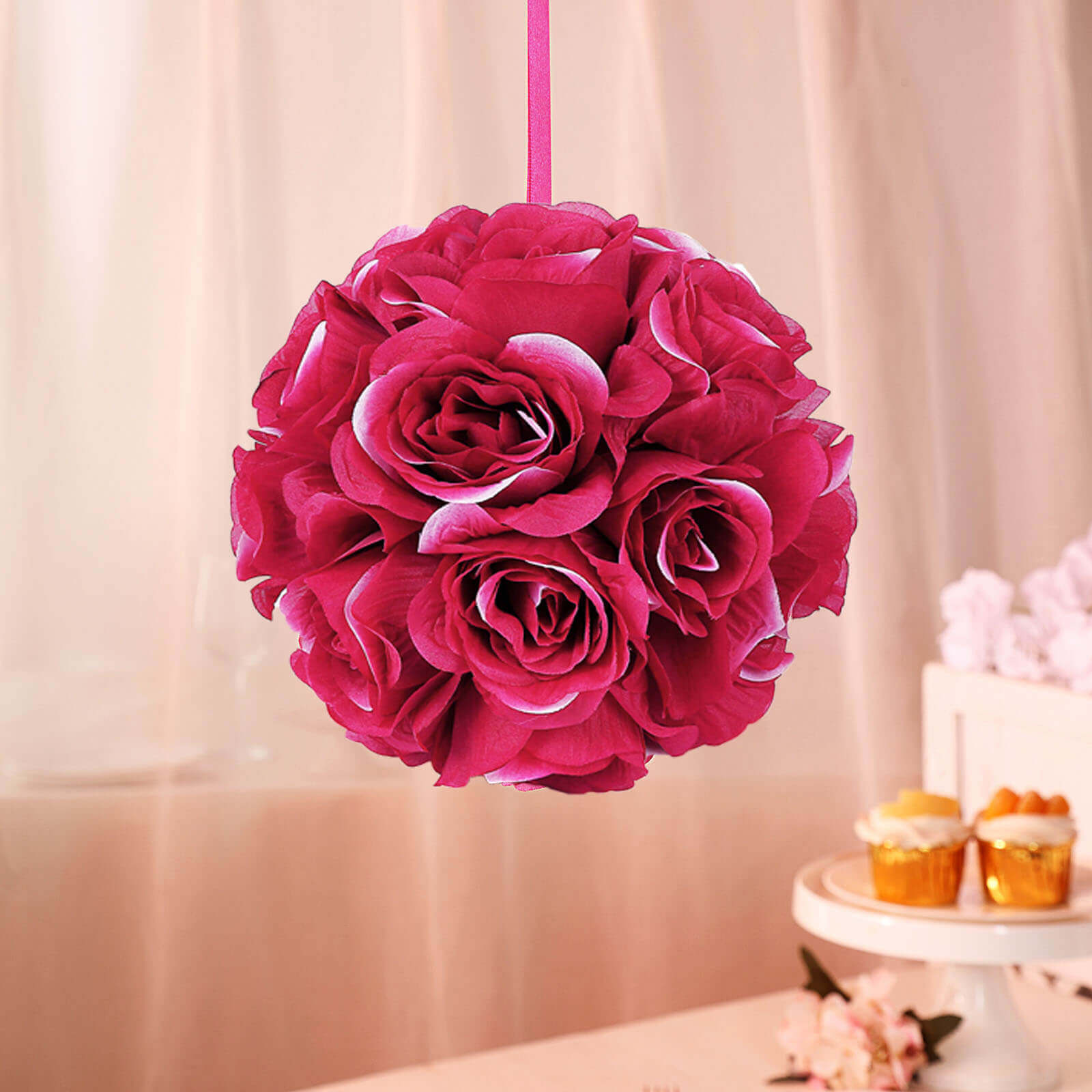 2 Pack 7" Fuchsia Artificial Silk Rose Kissing Ball, Flower Ball - Bell Racket Store