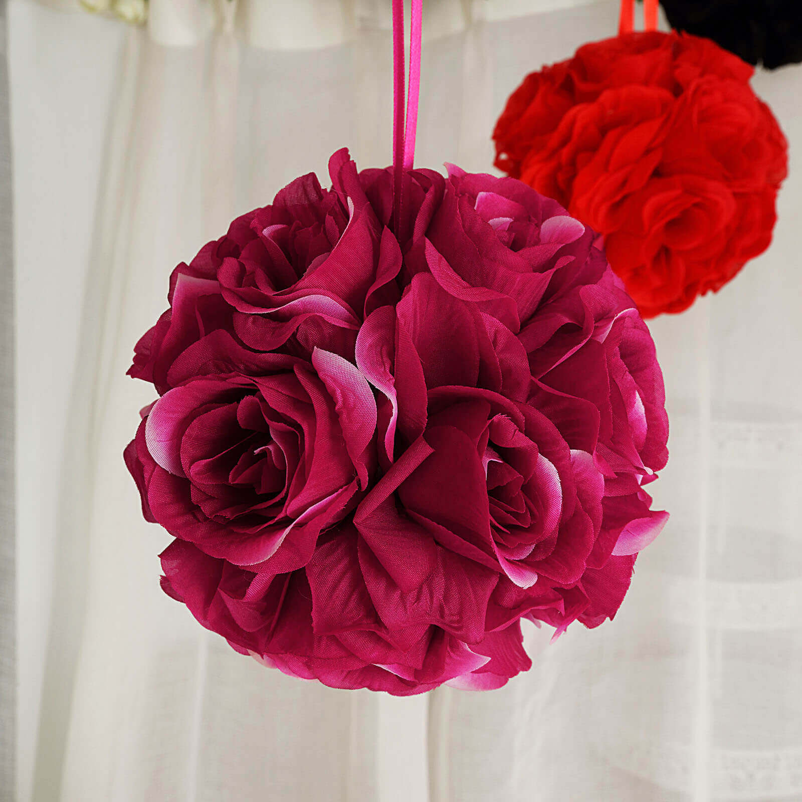 2 Pack 7" Fuchsia Artificial Silk Rose Kissing Ball, Flower Ball - Bell Racket Store