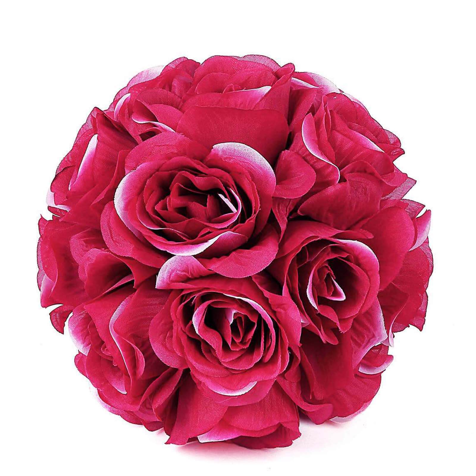 2 Pack 7" Fuchsia Artificial Silk Rose Kissing Ball, Flower Ball - Bell Racket Store