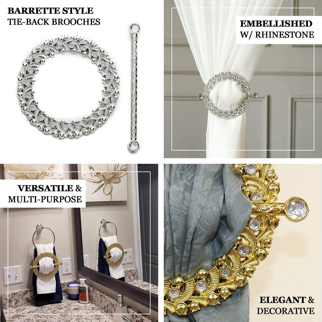 2 Pack 7" Gold Barrette Style Acrylic Crystal Curtain Tie Backs, Round Backdrop Drapery Brooch Holdbacks - Bell Racket Store