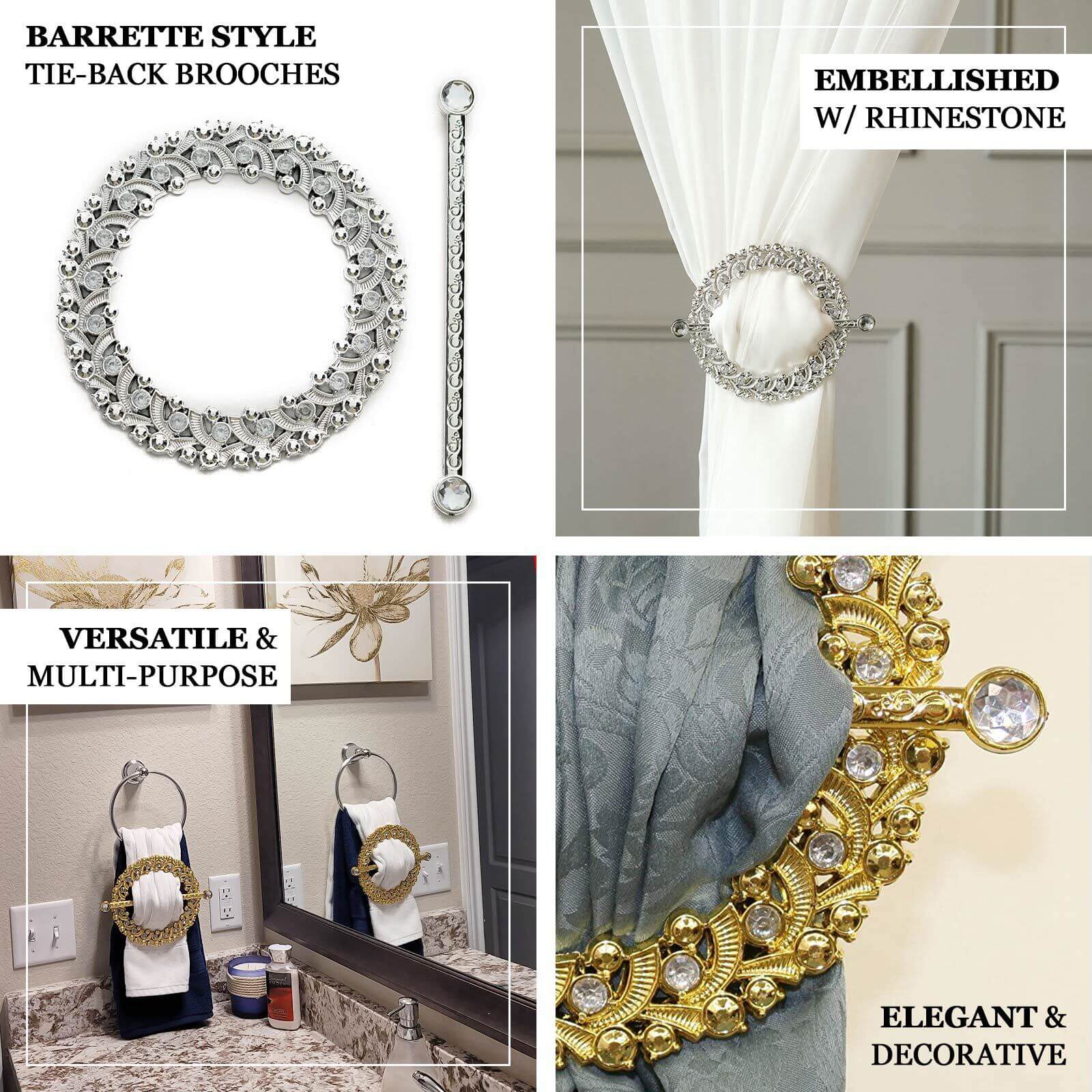 2 Pack 7" Gold Barrette Style Acrylic Crystal Curtain Tie Backs, Round Backdrop Drapery Brooch Holdbacks - Bell Racket Store