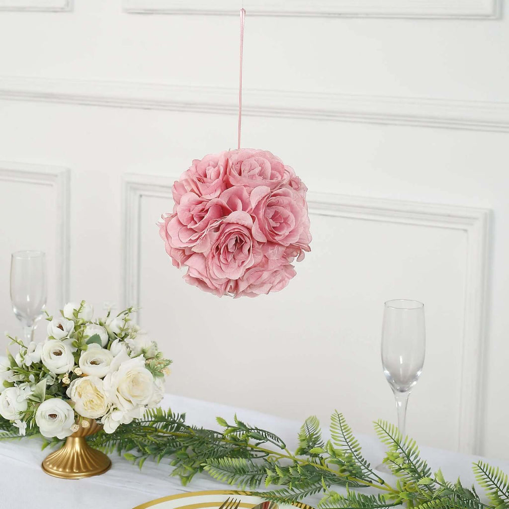 2 Pack 7" Mauve Artificial Silk Rose Kissing Ball, Faux Flower Ball - Bell Racket Store