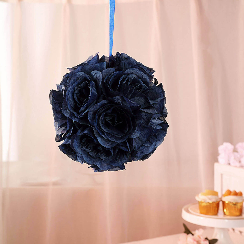 2 Pack 7" Navy Blue Artificial Silk Rose Kissing Ball, Flower Ball - Bell Racket Store