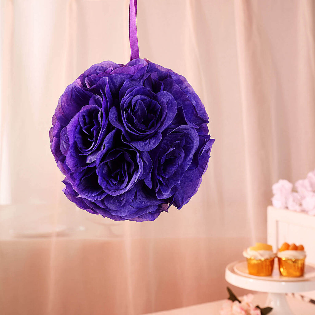 2 Pack 7" Purple Artificial Silk Rose Kissing Ball, Faux Flower Ball - Bell Racket Store