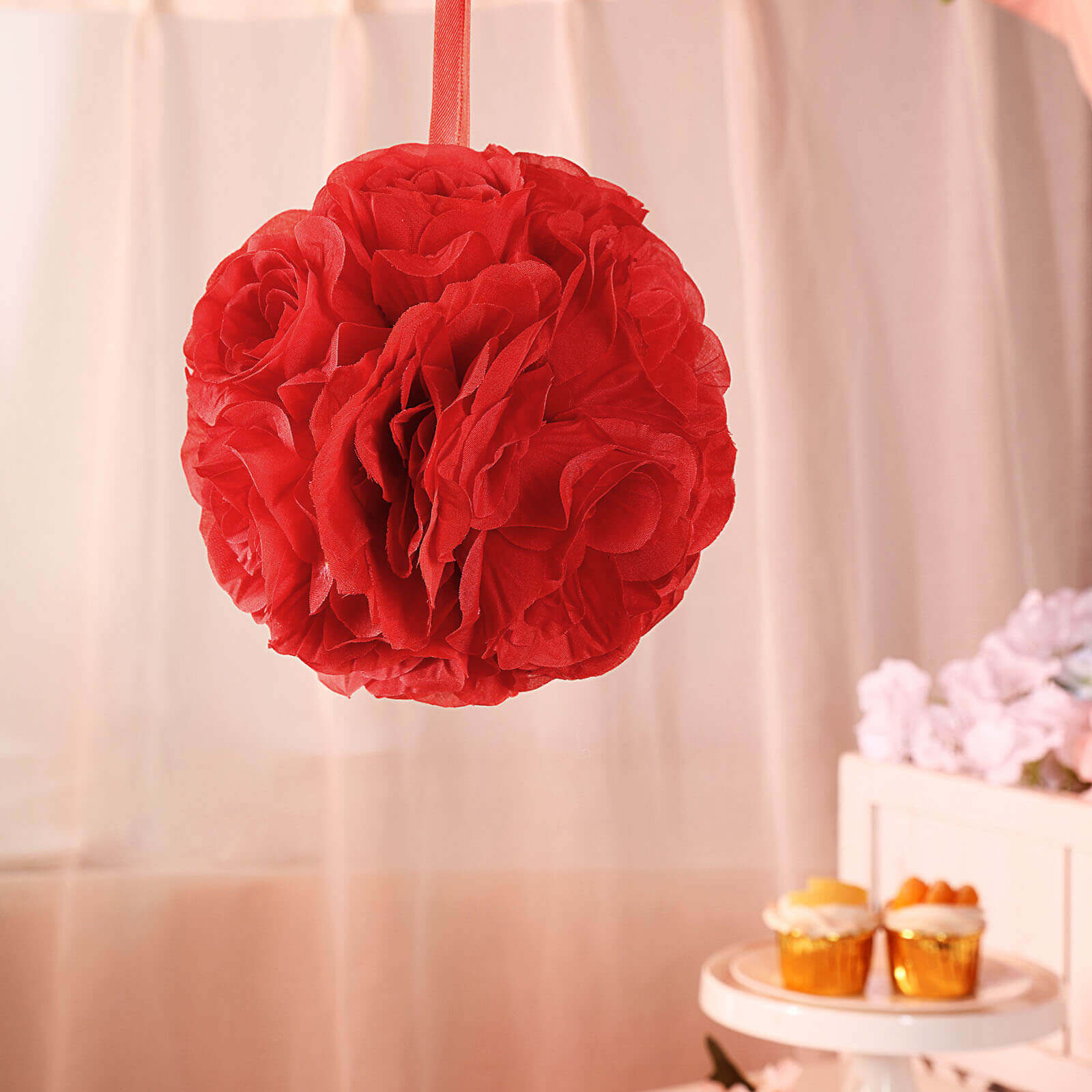 2 Pack 7" Red Artificial Silk Rose Kissing Ball, Faux Flower Ball - Bell Racket Store