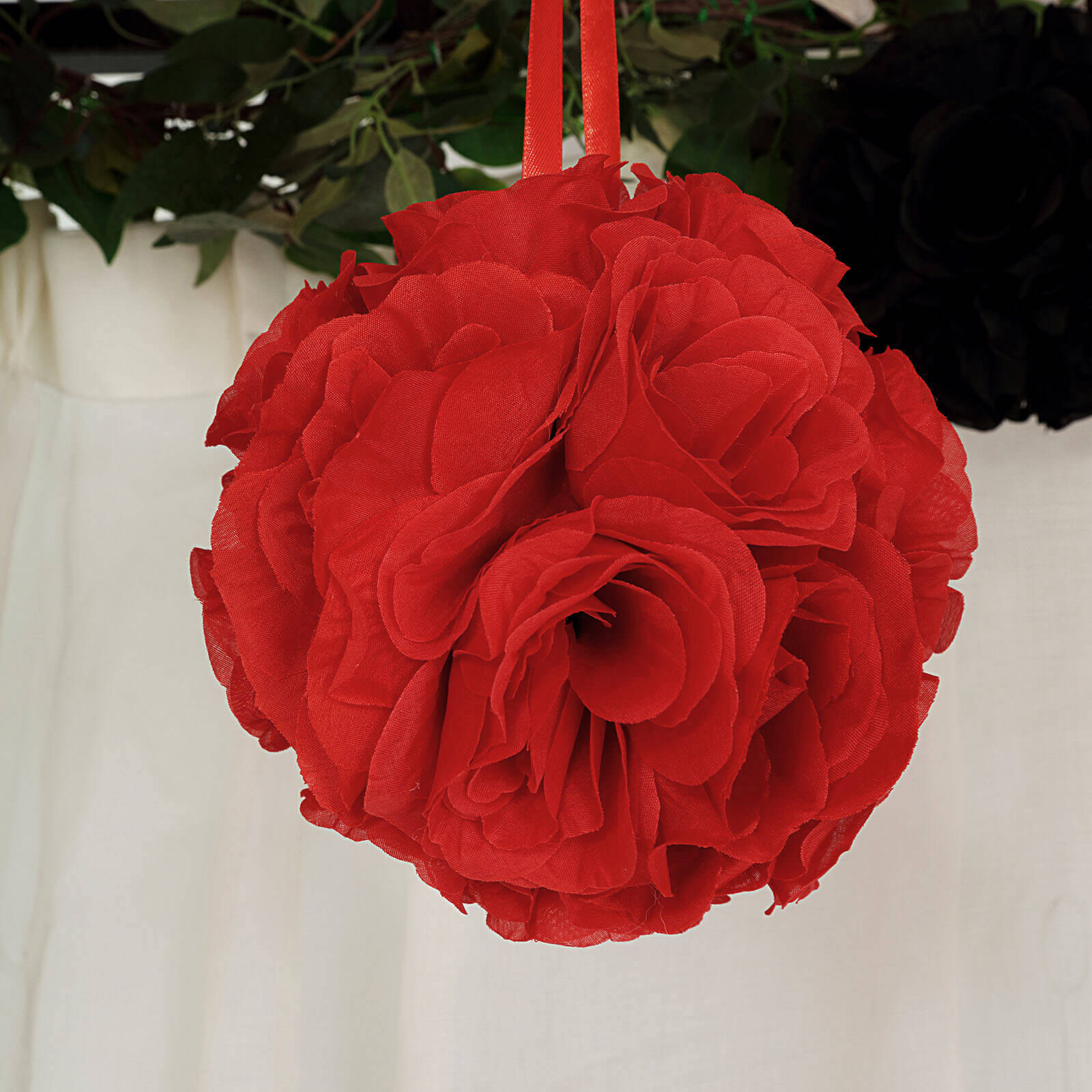 2 Pack 7" Red Artificial Silk Rose Kissing Ball, Faux Flower Ball - Bell Racket Store