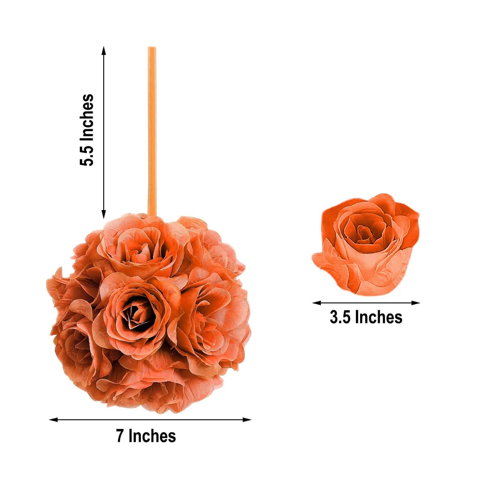 2 Pack 7" Terracotta (Rust) Artificial Silk Rose Kissing Ball, Faux Flower Ball - Bell Racket Store