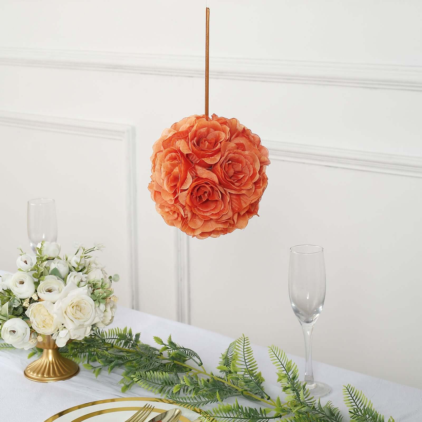 2 Pack 7" Terracotta (Rust) Artificial Silk Rose Kissing Ball, Faux Flower Ball - Bell Racket Store
