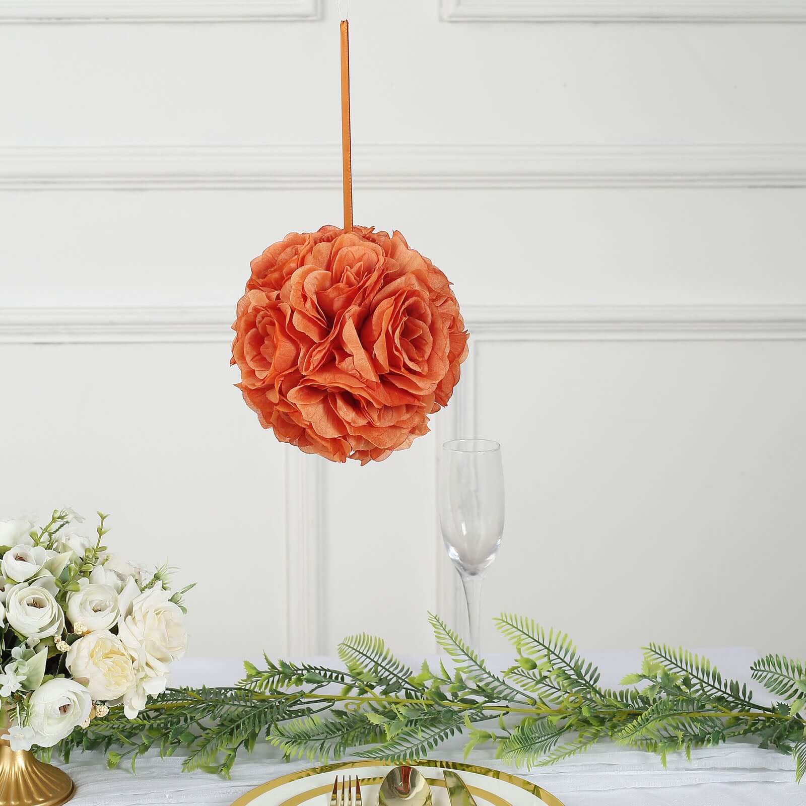 2 Pack 7" Terracotta (Rust) Artificial Silk Rose Kissing Ball, Faux Flower Ball - Bell Racket Store