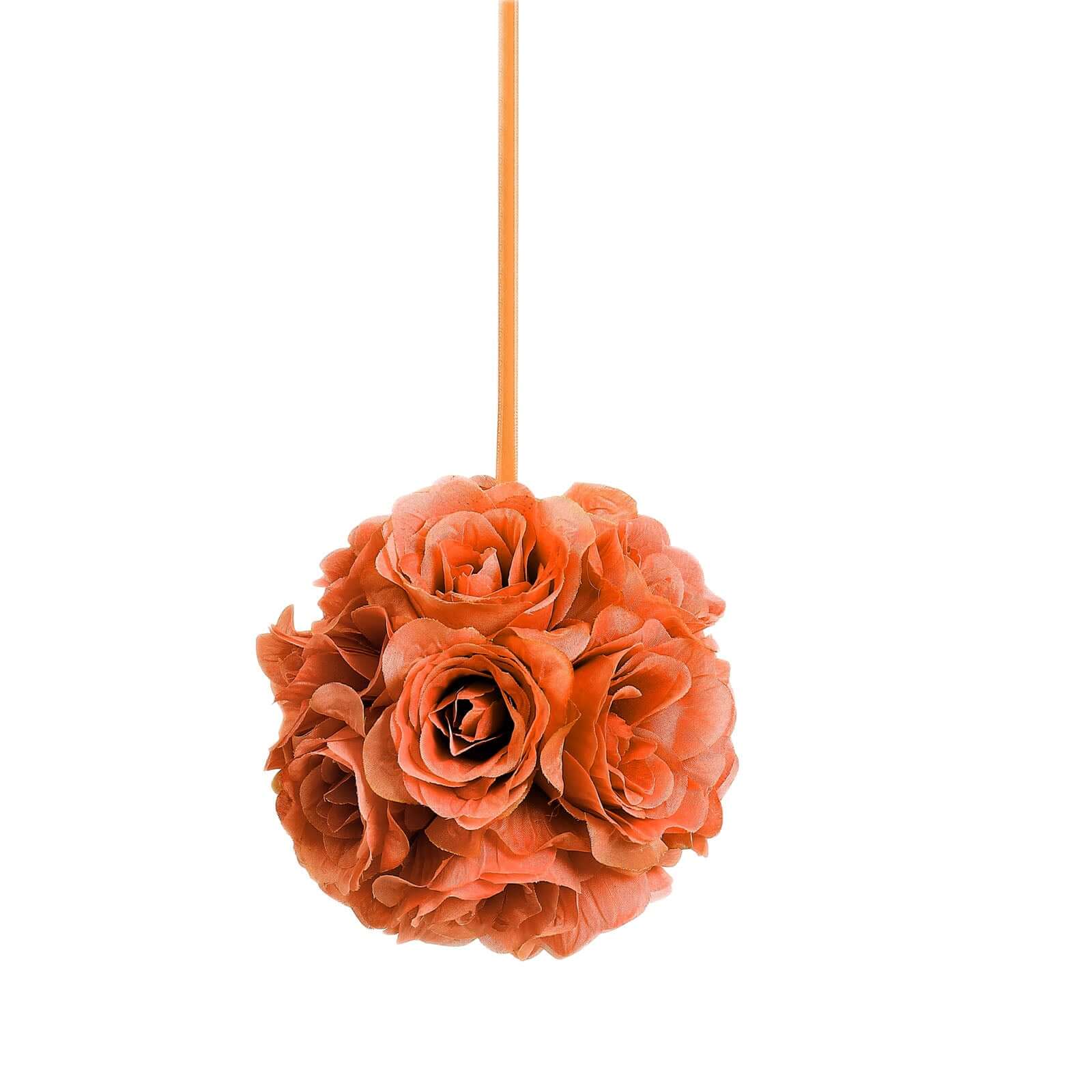 2 Pack 7" Terracotta (Rust) Artificial Silk Rose Kissing Ball, Faux Flower Ball - Bell Racket Store