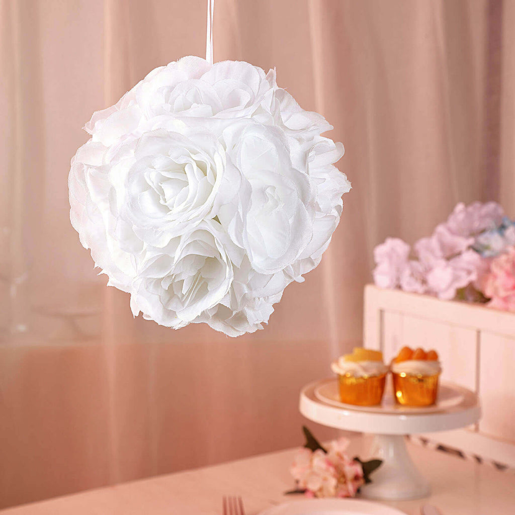 2 Pack 7" White Artificial Silk Rose Kissing Ball, Faux Flower Ball - Bell Racket Store