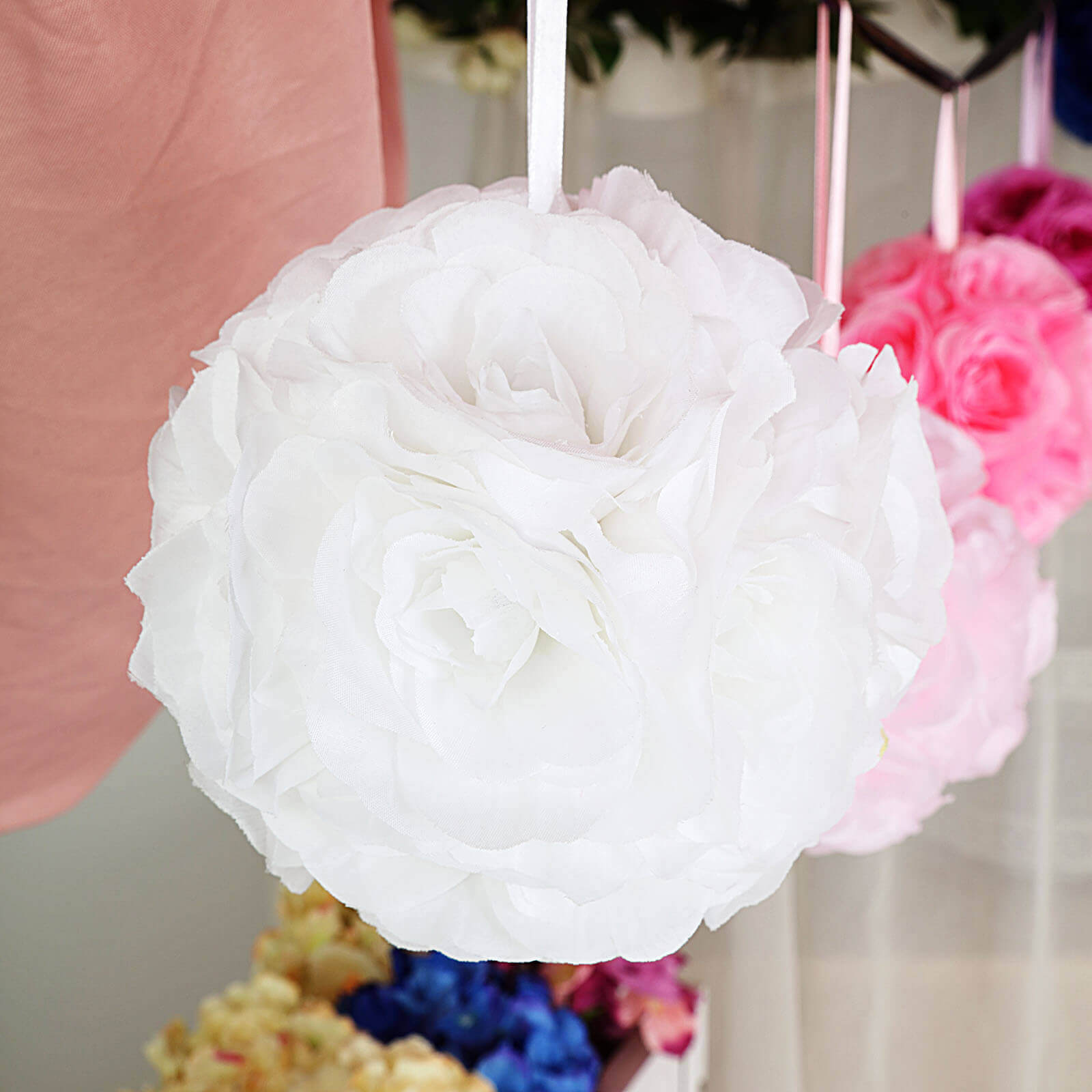 2 Pack 7" White Artificial Silk Rose Kissing Ball, Faux Flower Ball - Bell Racket Store