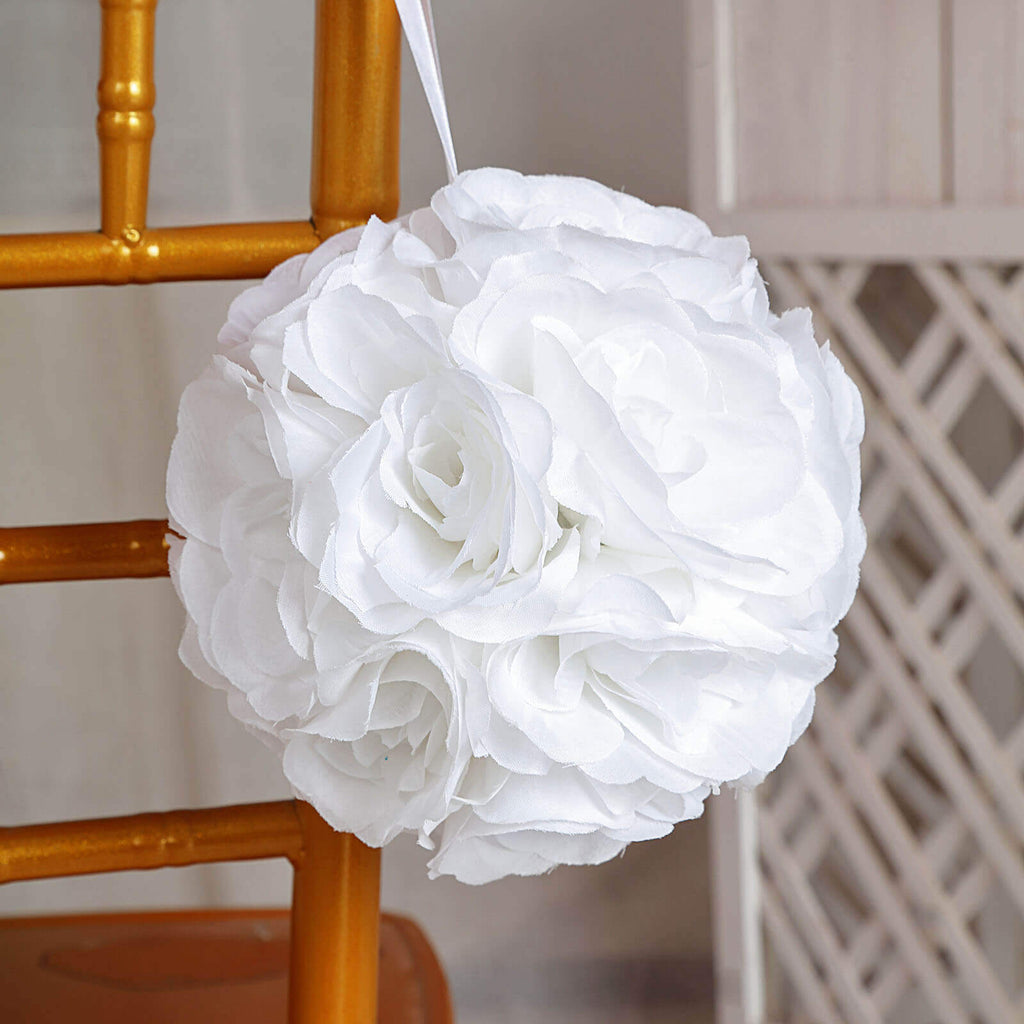 2 Pack 7" White Artificial Silk Rose Kissing Ball, Faux Flower Ball - Bell Racket Store