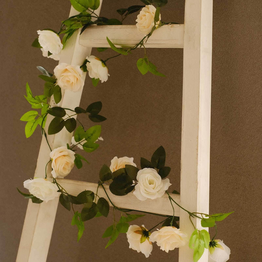2 Pack 7ft Cream Ivory Artificial Silk Flower Garland Mini Rose Vines with 26 Flower Heads - Bell Racket Store