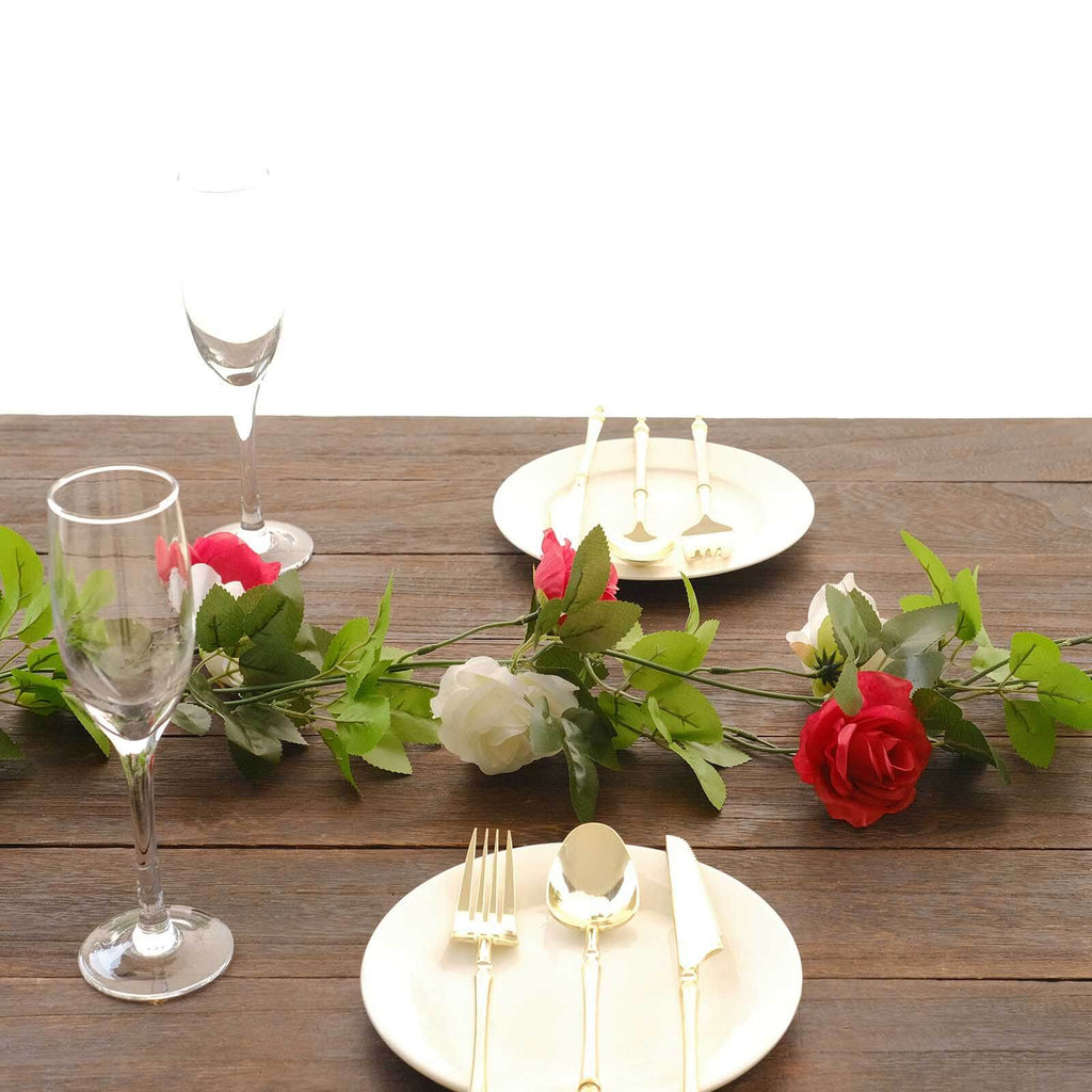 2 Pack 7ft Red Ivory Artificial Silk Flower Garland Mini Rose Vines with 26 Flower Heads - Bell Racket Store