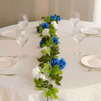 2 Pack 7ft White Royal Blue Artificial Silk Flower Garland Mini Rose Vines with 26 Flower Heads - Bell Racket Store