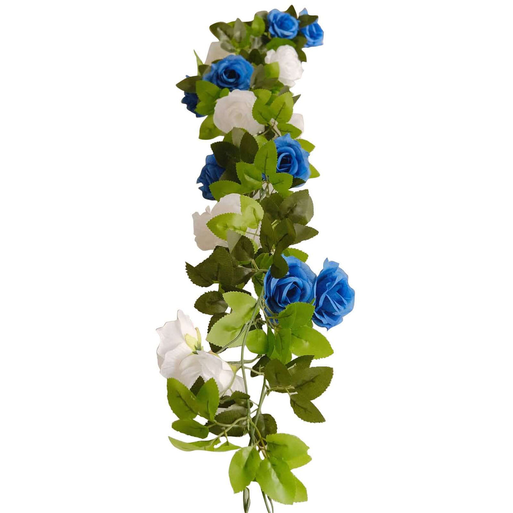 2 Pack 7ft White Royal Blue Artificial Silk Flower Garland Mini Rose Vines with 26 Flower Heads - Bell Racket Store