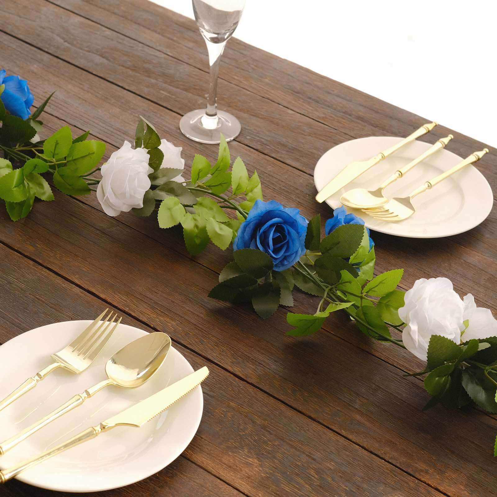 2 Pack 7ft White Royal Blue Artificial Silk Flower Garland Mini Rose Vines with 26 Flower Heads - Bell Racket Store