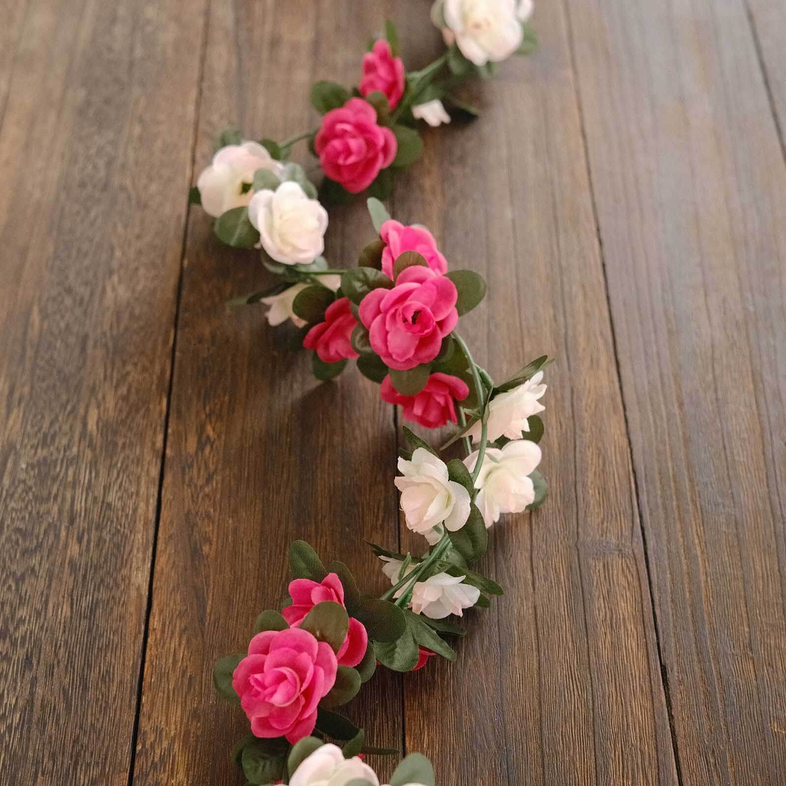 2 Pack 8ft Blush Fuchsia Artificial Silk Flower Garland Mini Rose Vines with 45 Flower Heads - Bell Racket Store
